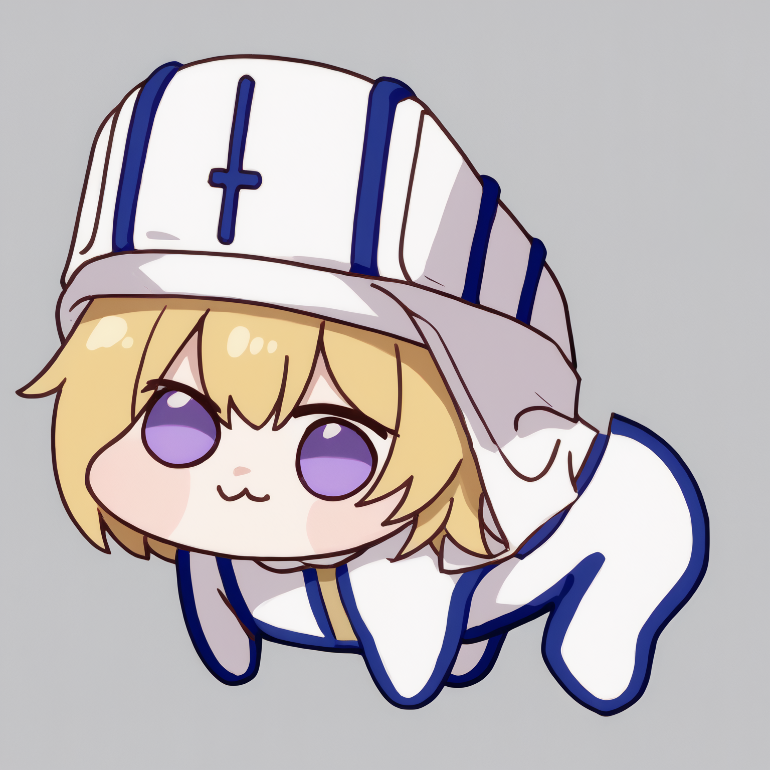 score_9, score_8_up, score_7_up, 1girl, clgret, purple eyes, short hair, blonde hair, 
mitre, white headwear, blue trim,
<lora:Doro_X_PDXL_V1:1.0>, doro, creature, :3, chibi, no humans, four legs, solid circle eyes, no pupils, all fours, solo,
simple background, white background, 
<lora:Cless-Gretchen-Lilitales-PDXL_V1-Manityro-CAME:1.0>,
