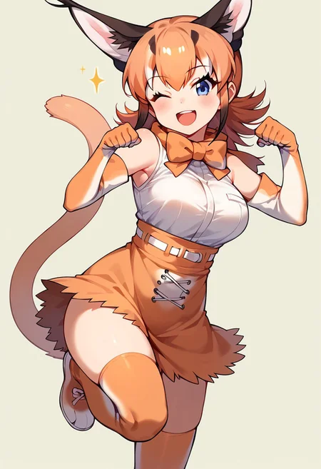 1girl, ((solo)), best quality, ultra-detailed, extremely detailed, perfect anatomy, masterpiece, score_9, score_8_up, score_7_up, caracal (kemono friends), animal ears, animal ear fluff, orange hair, tail, blue eyes, long hair, multicolored hair, white shirt, sleeveless shirt, orange skirt, skirt, orange bowtie, elbow gloves, bare shoulders, thighhighs, standing, open mouth smile, cute look, confident look, looking at viewer, happy, posing, closeup, portrait shot, standing on one leg, one foot raised, paw pose, cute pose, winking, simple background,