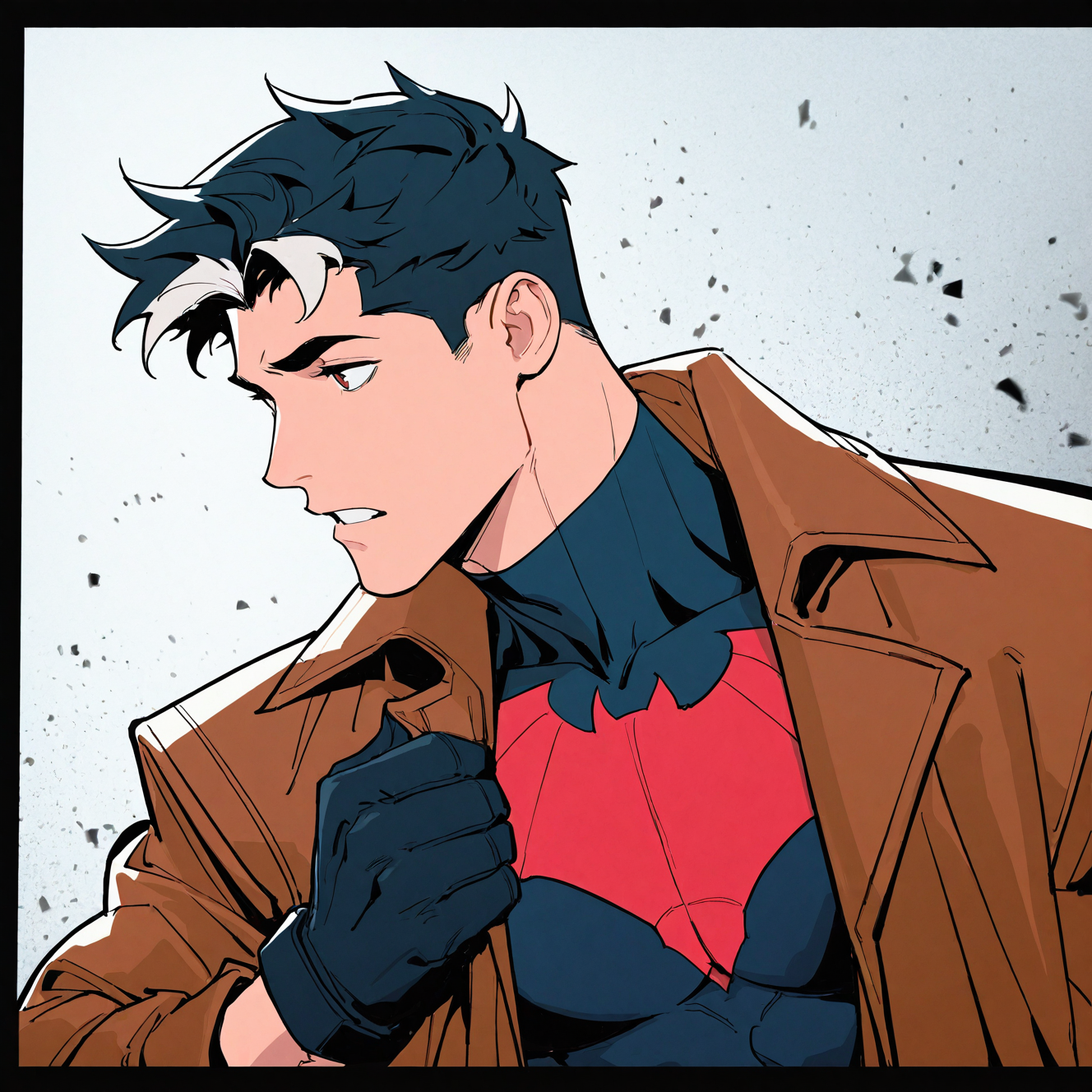 <lora:JASON_TODD-05:1>  wfaJasonTodd, 1boy, black bodysuit, black gloves, black hair, black shirt, bodysuit, bodysuit under clothes, border, brown coat, brown jacket, coat, covered collarbone, gloves, hand up, jacket, looking to the side, male focus, multicolored hair, open clothes, open coat, open jacket, shirt, short hair, solo, spider web print, streaked hair, superhero, teeth, two-tone bodysuit, two-tone hair, upper body, white hair, motion blur, film grain, abstract, natural lighting, fantasy, cinematic, dynamic, very awa, masterpiece, best quality, absurdres, newest, perfect quality, detailed background, intricate details, (artist:fl \(l-fl\):0.7), (artist:tooboshoo:0.7), (artist:dizdoodz:0.8)