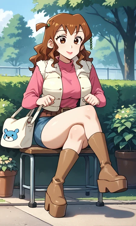 1girl, (solo:1.3), (score_9, score_8_up, score_7_up, score_6_up, score_5_up, score_4_up), (source_anime), rating_questionable, (full body:1.3), outdoors, park, garden, light smile, 
 <lora:kutsuzoko_v1:0.8> (kutsuzoko, brown eyes, brown pupils, long hair, brown hair, wavy hair, hair ornament, lips, lipstick), (large breasts),
 (kzak-vest, white vest, down vest, open clothes, pink shirt, long sleeves, brown belt, denim skirt, miniskirt, brown footwear, platform footwear, long boots, shoulder bag), sitting on chair,   (crossed legs:1.3)