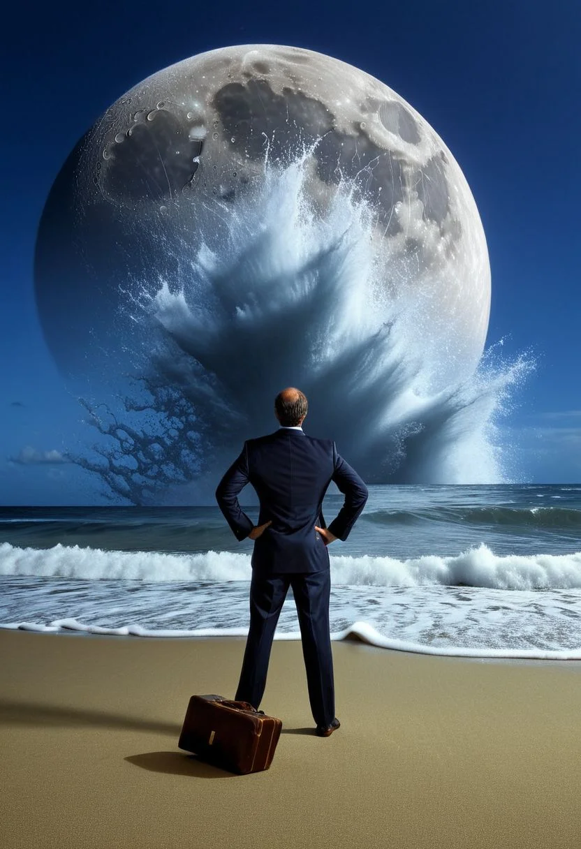 (((on foreground a man observes tsunami from below))), office dress, standing up on the beach, from back, office suit, spreading legs, (briefcase on hand:1.2), solo, full body, (a man view from bottom:1.4), man focus,
(in the background a beach under a hyper giant Tsunami:1.5), frontal Tsunami, (giant Tsunami hide the sky:1.3),,
(in sky small broken moon piece:1.3),,
award winning artwork, extreme detailed, masterpiece, photo titled "the nature's revenge",,
without escape, disaster, the end of the uman world, photography, dramatic photo, Hyper-realistic, 16k resolution, hyper detailed,