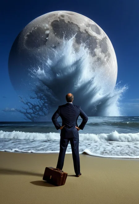 (((on foreground a man observes tsunami from below))), office dress, standing up on the beach, from back, office suit, spreading legs, (briefcase on hand:1.2), solo, full body, (a man view from bottom:1.4), man focus,
(in the background a beach under a hyper giant Tsunami:1.5), frontal Tsunami, (giant Tsunami hide the sky:1.3),,
(in sky small broken moon piece:1.3),,
award winning artwork, extreme detailed, masterpiece, photo titled "the nature's revenge",,
without escape, disaster, the end of the uman world, photography, dramatic photo, Hyper-realistic, 16k resolution, hyper detailed,