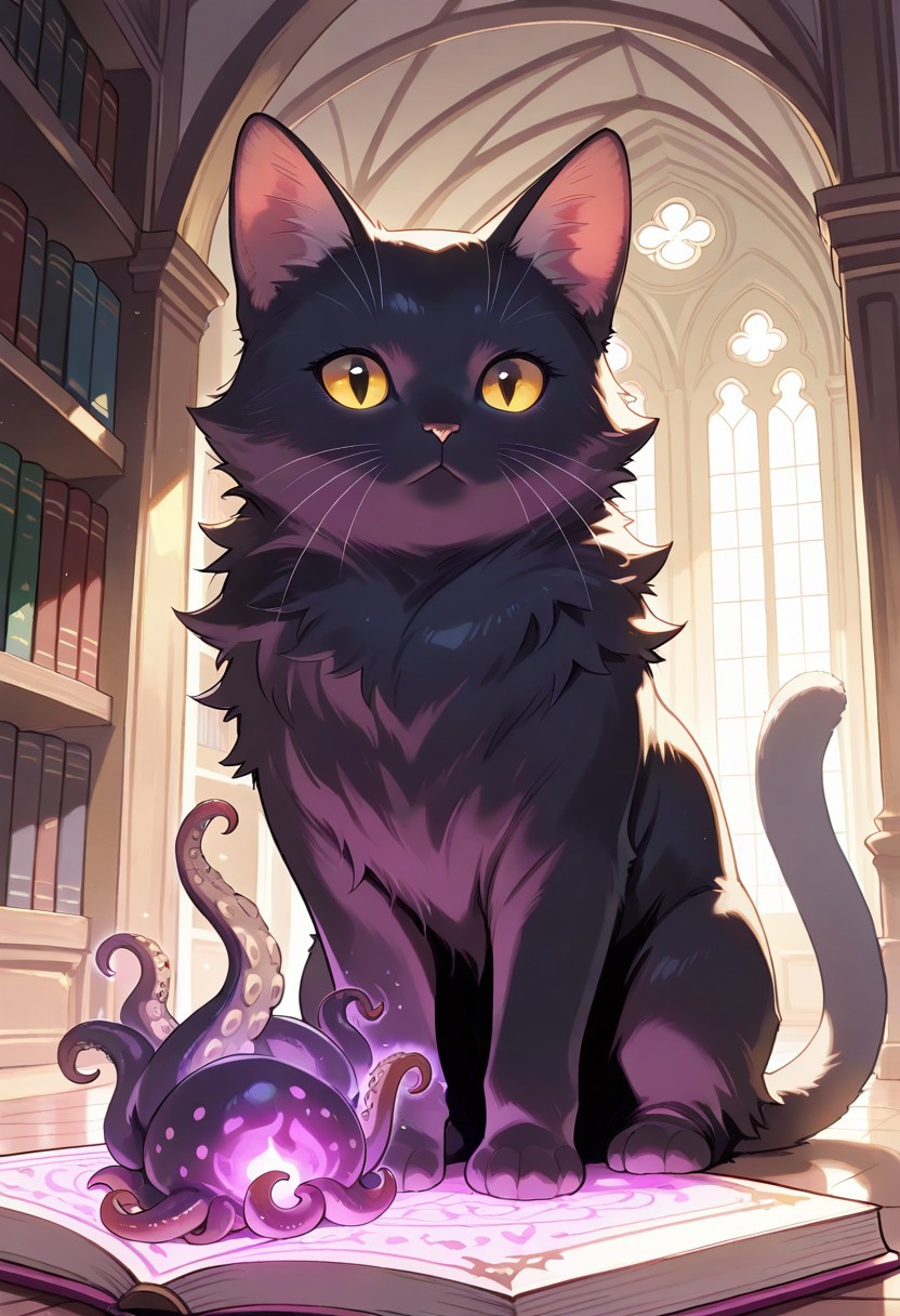 (masterpiece, best quality, high quality, highres), very awa, highres, absurdres,
 (no humans:1.1), (solo:1.2), full body,
(black cat:0.6), (octopus:0.7), (fluffy:0.4), (cute:0.3), (tentacles:0.7), (multiple limbs:0.7), paws,
indoors, fantasy magical library, magic book,