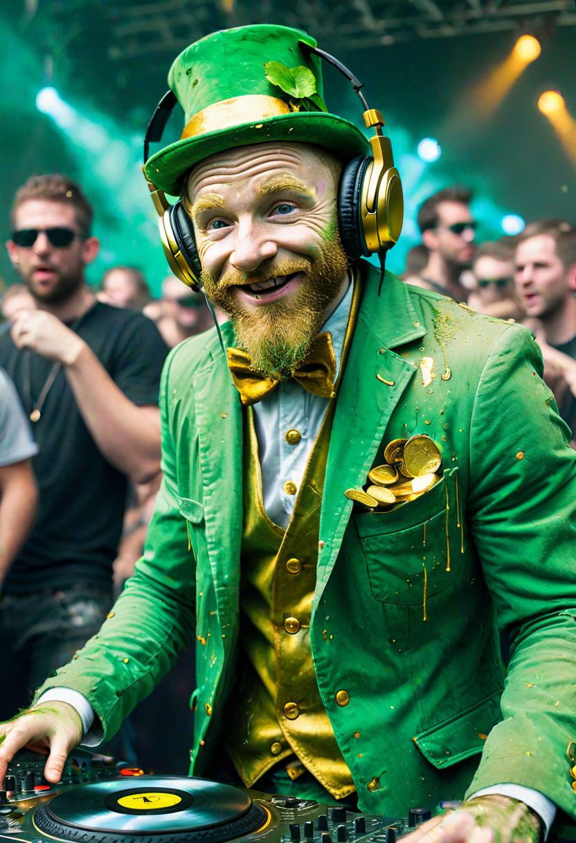 photorealistic portrait, close-up, mischievous leprechaun, weathered green suit, gold coins spilling from pockets, oversized DJ headphones, weathered hands on turntables, massive EDM festival stage, lasers, strobing lights, crowd of blurred dancing figures