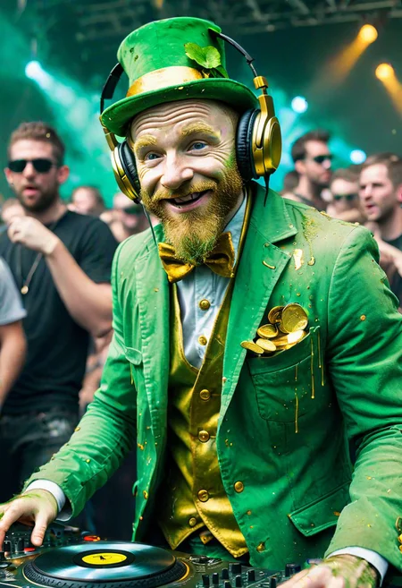 photorealistic portrait, close-up, mischievous leprechaun, weathered green suit, gold coins spilling from pockets, oversized DJ headphones, weathered hands on turntables, massive EDM festival stage, lasers, strobing lights, crowd of blurred dancing figures