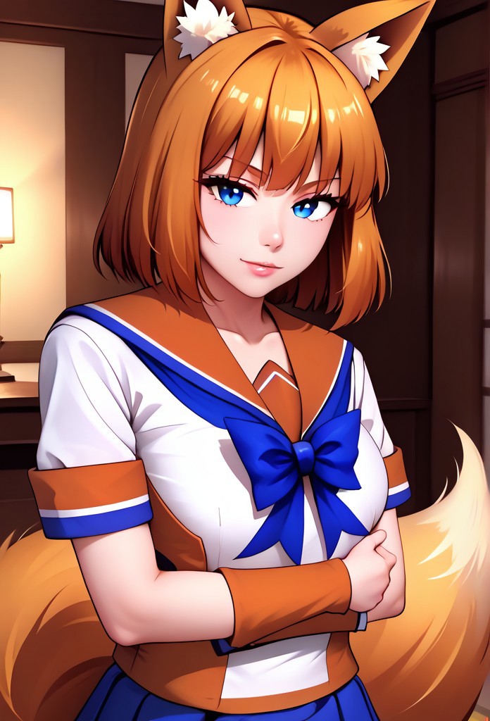 1girl, solo, facing viewer, shiny skin, shiny, mesugaki, grabbing breasts, ,(Resting positions:1.3), , (ffchan, fox ears, blue bowtie, white shirt, serafuku, short sleeves, blue skirt, fox tail:1.3), zPDXL3,SimplePositiveXLv2, masterpiece, detailed face, action shot, perfect eyes, detailed eyes, realistic eyes, solo, high resolution, ultra-detailed, 4K, perfection, chest exposed, highest quality, dynamic pose, perfect anatomy, lean, masterpiece, best quality, high res, illustration, extremely detailed, 8k, wallpaper