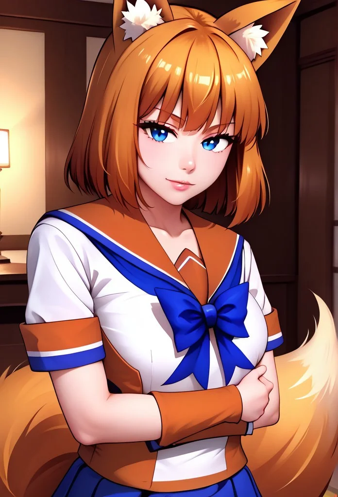1girl, solo, facing viewer, shiny skin, shiny, mesugaki, grabbing breasts, ,(Resting positions:1.3), , (ffchan, fox ears, blue bowtie, white shirt, serafuku, short sleeves, blue skirt, fox tail:1.3), zPDXL3,SimplePositiveXLv2, masterpiece, detailed face, action shot, perfect eyes, detailed eyes, realistic eyes, solo, high resolution, ultra-detailed, 4K, perfection, chest exposed, highest quality, dynamic pose, perfect anatomy, lean, masterpiece, best quality, high res, illustration, extremely detailed, 8k, wallpaper