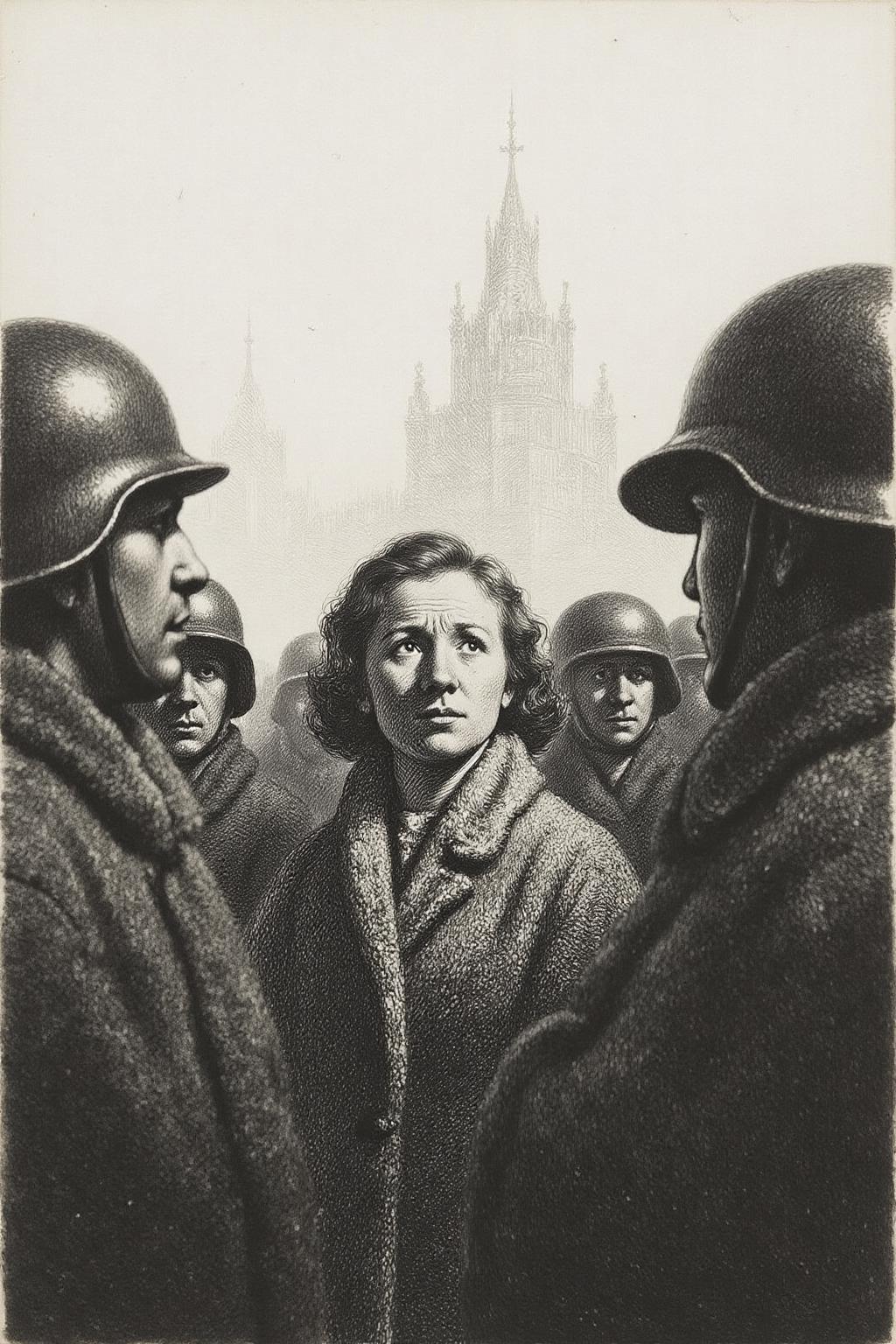 rembr1 etching.
 The background is stark white close-up scene set in a wartime environment. A young woman with a weathered face and determined gaze looks upward, surrounded closely by soldiers wearing dark helmets and heavy coats. She wears a thick wool coat, and her expression reveals a mix of resilience and apprehension, highlighting the tension of the moment. The background shows partially blurred, tall European-style buildings shrouded in a misty or smoky atmosphere, enhancing the historical ambiance, likely set in 1940s Berlin. The mood is somber, evoking a feeling of struggle and courage amid conflict. <lora:rembr_etch4_cap_d6a3e11:1.0><lora:810537552550545608:0>