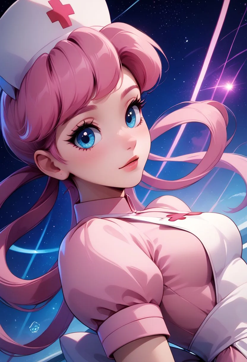 score_9, score_8_up, score_8, medium breasts, (curvy), cute, eyelashes, rating_safe,
BREAK,
zznursejoy, pink hair, hair rings, blue eyes, pink dress, apron, nurse cap,
BREAK,
dynamic angle, stars, floating, colorful, pink, blue eyes, black bow, from side, on back, spaceship, technological,
zPDXL,