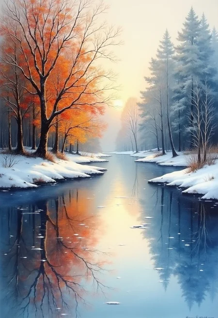 watercolor on wet, reflection, vivaldi winter, gentle, easy, colorful, intricate details, ultra-sharp, hyper-detailed, chiaroscuro lighting
