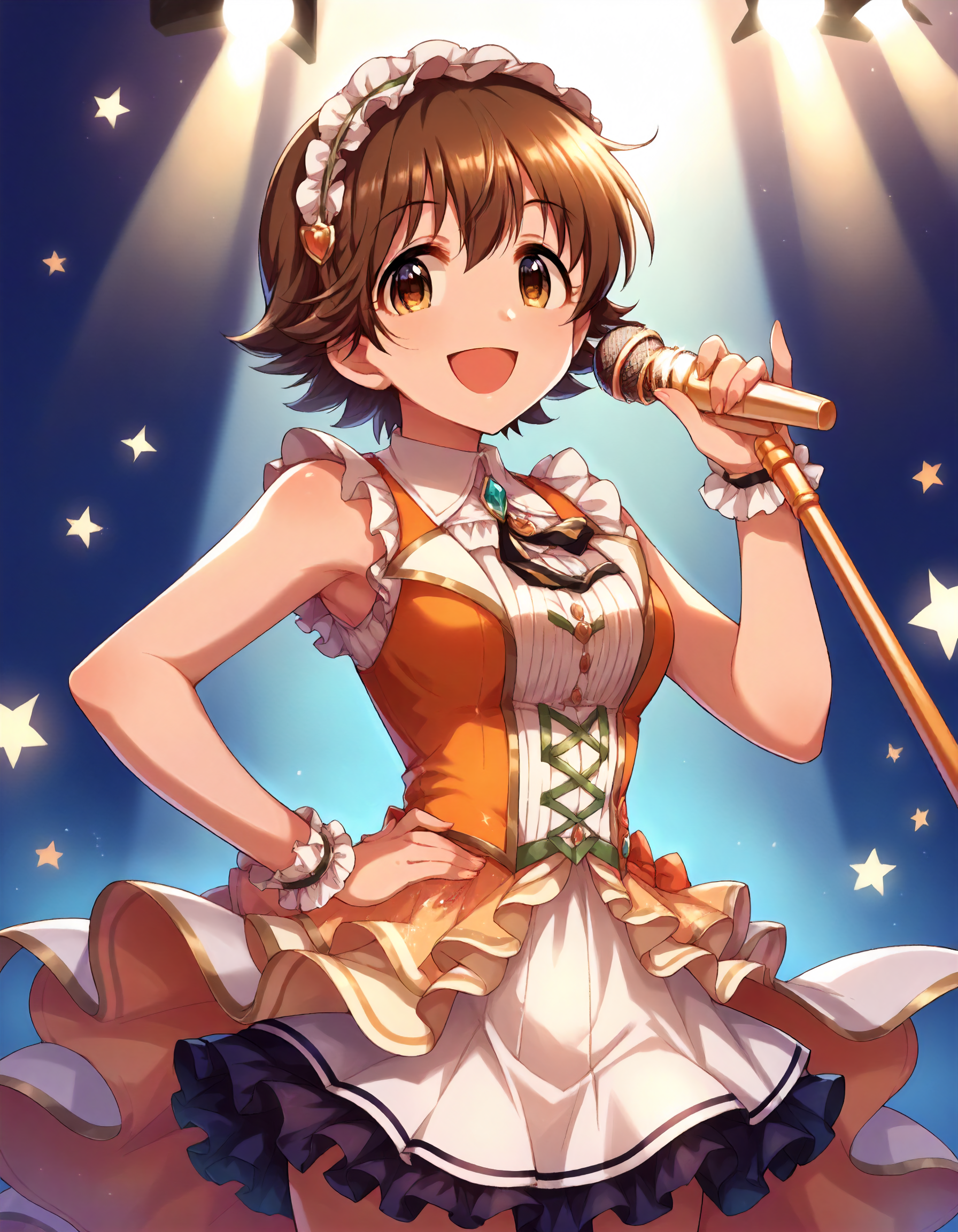 score_9,score_8_up,score_7_up,1girl,solo,cowboy shot,looking at viewer,smile,open mouth,holding microphone,hand on hip,stage lights,
<lora:hondamio_ponyXLV6:0.8>,cghmio,
brown hair,short hair,brown eyes,
sleeveless,frills