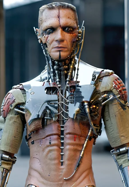 [cinematic] [photo in phst artstyle],  80's (sci-fi) cyberpunk dystopia digital illustration drawing masterpiece and intricate details and the best quality art by,  (petrus van schendel) (Hans Larwin) and (dorian cleavenger) with (luis royo), a (cyborg:1.5) 
WAD, 1man-cyborg, realistic, half-turned, aggressive look, looking at viewer, 
android, sss, small frame, mechanical robotic torso chrome futuristic body armor, armored body, mechanical components, data ports, exposed wires and metal plates, mechanical tendons and joints, internal mechanisms cogs, metal plating, synthetic, ocular implant, robotic eyes, [cybernetic augmentation], Fiber optic wire cable dreadlocks, artificial, visible circuitry, standing on a (plaza), background of futuristic metropolis tall skyscrapers skybridges industrial rafinery structures,
ral-dissolve
