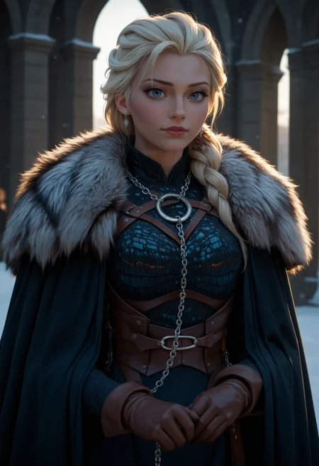 score_9, score_8_up, score_7_up, score_6_up, adult woman, solo, elsa, L4DY ,NECKLACE CHAIN LEASH DRESS, CINCHER, HARNESS ARMOR, CLOAK, FUR TRIM ,GLOVES <lora:LOW-60-PDXL:0.9>