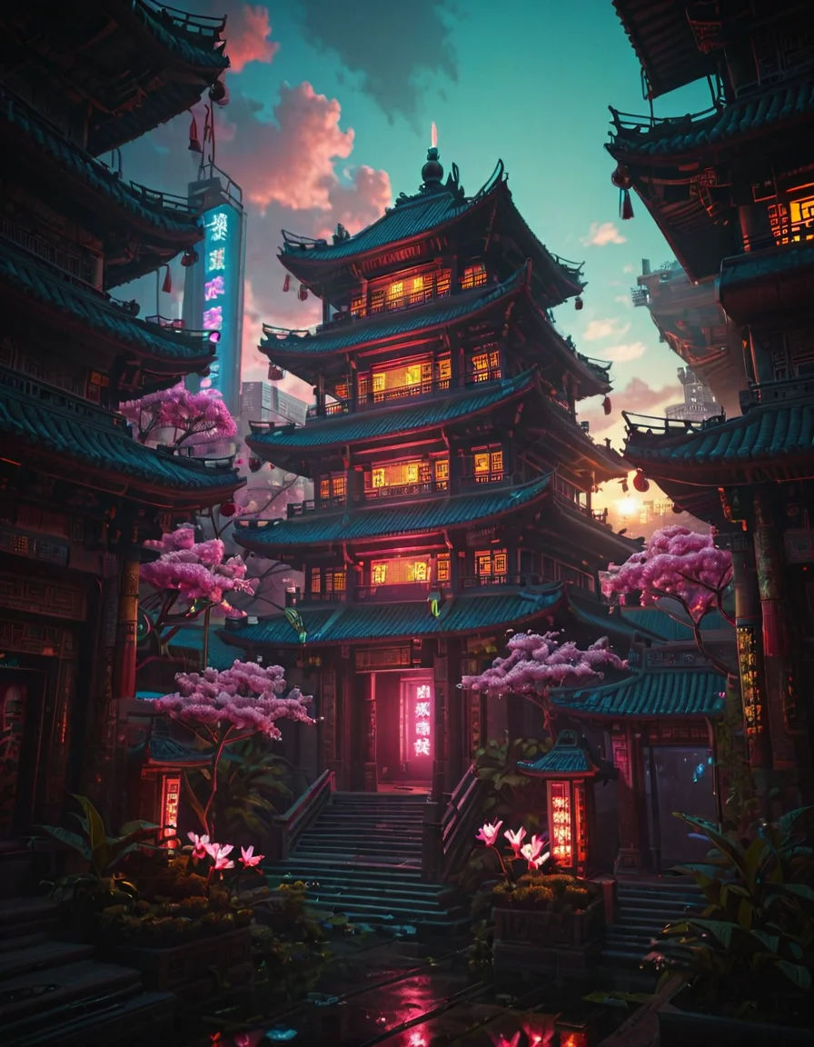 <lora:Cyberpunk_Temples_illd:1.0> ct_ill, cyberpunk asian temple, neons, cherry blossom, glowing kanji, glowing flowers, vegetation, stairs, sunset, wet,