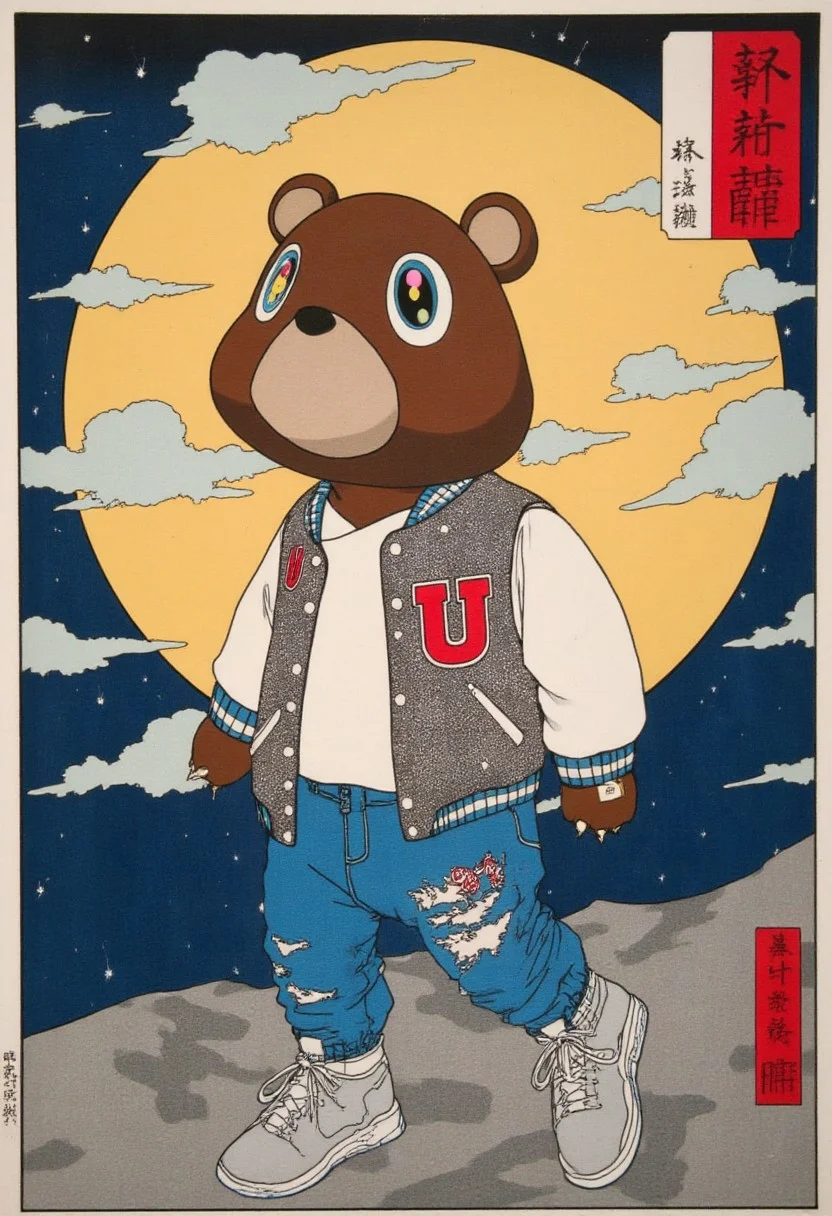 4si4n Murakam!, It depicts a scene of Murakam! bear wearing a lettermen jacket, posing with the moon behind, poster from the series Fifty-Three Stations of the Tokaido by Utagawa Kunisada Toyokuni III/Kunisada III. epic, masterpiece composition, movement
