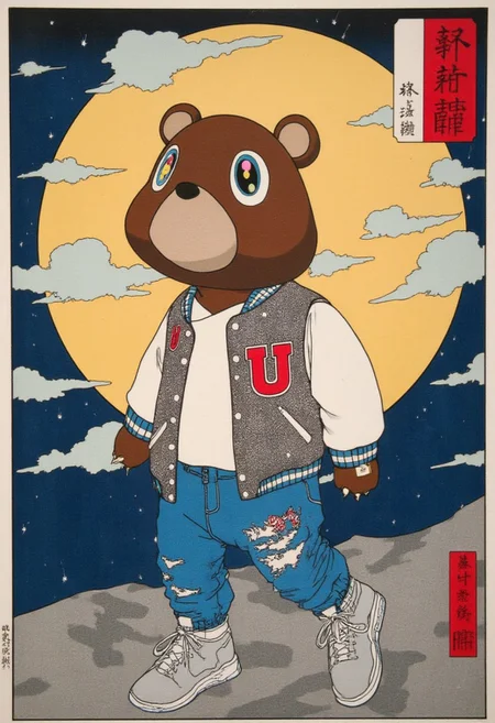 4si4n Murakam!, It depicts a scene of Murakam! bear wearing a lettermen jacket, posing with the moon behind, poster from the series Fifty-Three Stations of the Tokaido by Utagawa Kunisada Toyokuni III/Kunisada III. epic, masterpiece composition, movement