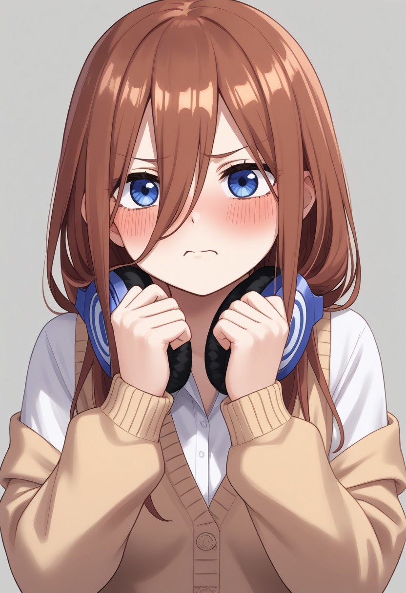 1girl, nakano miku, Go-Toubun no Hanayome, headphones around neck, puffing cheeks, angry expression, slightly blushing, embarrassed look, headphones, solo, pout, hair between eyes, cardigan, long hair, :t, brown hair, blush, shirt, white shirt, simple background, cardigan, drawn in pencil, everything is drawn with a simple pencil