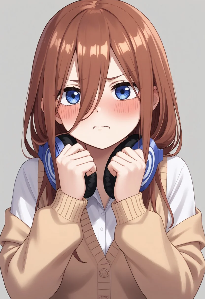 1girl, nakano miku, Go-Toubun no Hanayome, headphones around neck, puffing cheeks, angry expression, slightly blushing, embarrassed look, headphones, solo, pout, hair between eyes, cardigan, long hair, :t, brown hair, blush, shirt, white shirt, simple background, cardigan, drawn in pencil, everything is drawn with a simple pencil