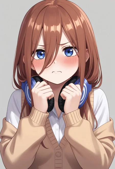 1girl, nakano miku, Go-Toubun no Hanayome, headphones around neck, puffing cheeks, angry expression, slightly blushing, embarrassed look, headphones, solo, pout, hair between eyes, cardigan, long hair, :t, brown hair, blush, shirt, white shirt, simple background, cardigan, drawn in pencil, everything is drawn with a simple pencil