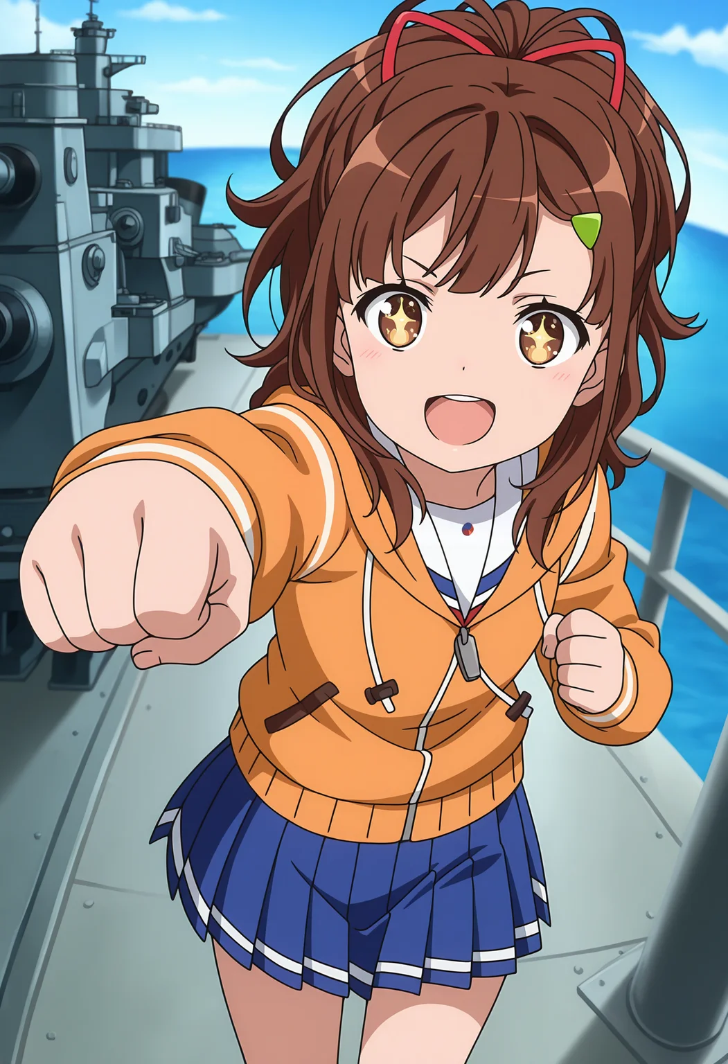 anime screencap, masterpiece, best quality,
<lora:HighSchoolFleet_IrizakiMei_IlluXL:0.9>,
1girl, solo, open mouth, smile, + +,
high ponytail, long hair, brown hair, brown eyes, hairclip, hair ornament,
white sailor collar, orange jacket, long sleeves, pleated skirt, blue skirt,
punching, standing, looking at viewer, cowboy shot, fisheye,
horizon, dock, outdoors, battleship, warship, blue sky, blurry background