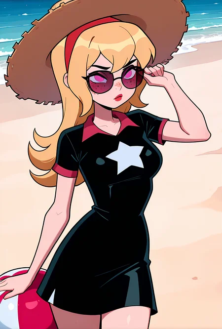 ((cartoon, screencap)), <lora:lucybig:1>, solo, lucybig, long hair, blonde hair, red hairband, pink eyes, lipstick, short sleeves, star (symbol), short dress, black dress, freckles, dynamic pose, on the beach, sunglasses, straw-hat, holding beach ball,, masterpiece, best quality, amazing quality, very aesthetic, absurdres, newest,