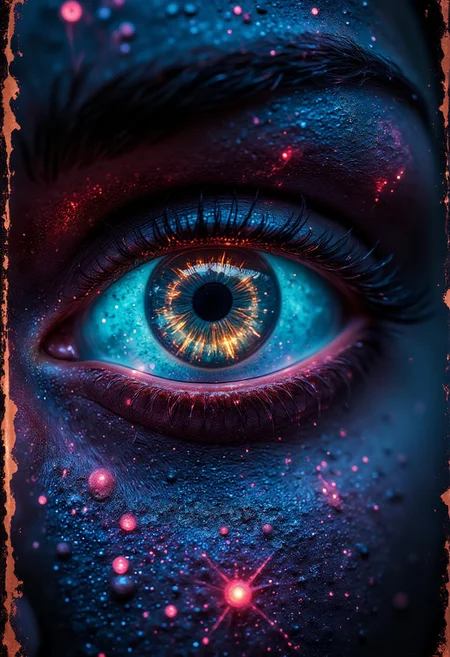 , fluorescent make-up, glowing eyes, dust, cinematic film still of a beautiful macro eye close-up, bright eye, photorealistic, 100mm f/2.8 macro lens, glow, glowing (masterpiece, award winning artwork) many details, extreme detailed, full of details detailmaximizer, magic bronze frame merging into image,aidmaGlow