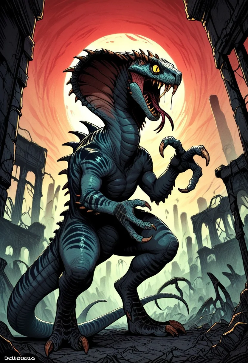 DonMC0m1cM4g1cXL, (dark, fantasy, magical, eerie) score_9, score_8_up, score_7_up, score_6_up, Vertigo_Primal, cobra, dinosaur, monster, colored sclera, reptile eyes, yellow eyes, gray skin, black stripes, stinger tail, spikes, claws, fangs, forked tongue, gigantic monster, , size difference, BREAK, small human, BREAK, backgroung, plain, ruins