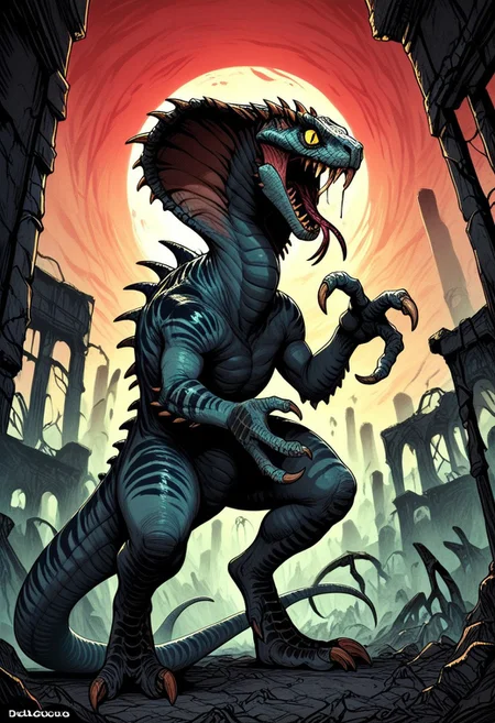 DonMC0m1cM4g1cXL, (dark, fantasy, magical, eerie) score_9, score_8_up, score_7_up, score_6_up, Vertigo_Primal, cobra, dinosaur, monster, colored sclera, reptile eyes, yellow eyes, gray skin, black stripes, stinger tail, spikes, claws, fangs, forked tongue, gigantic monster, , size difference, BREAK, small human, BREAK, backgroung, plain, ruins