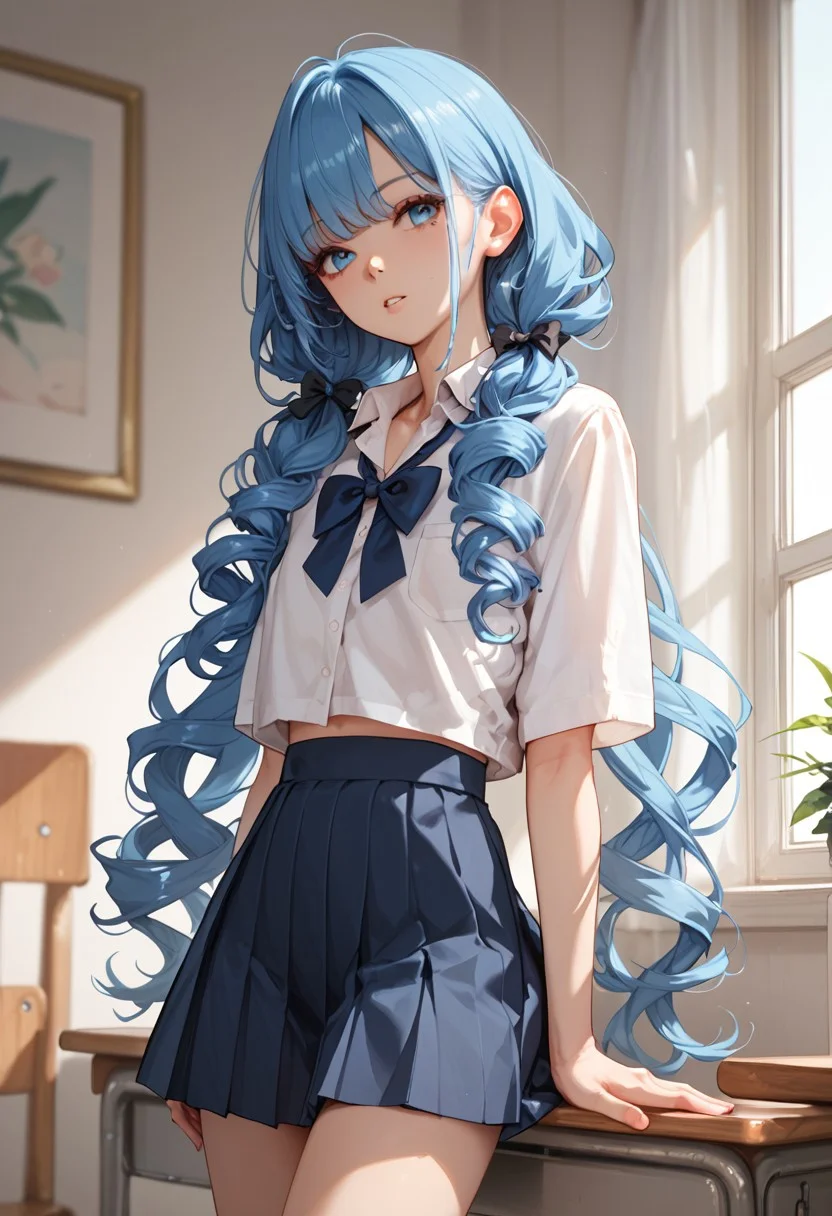 score_9, score_8_up, score_7_up, score_6_up, score_9, score_8_up, 1girl, very long blue hair, bangs, curly pigtails, slim body, small chest, mole, parted lips,  school uniform.