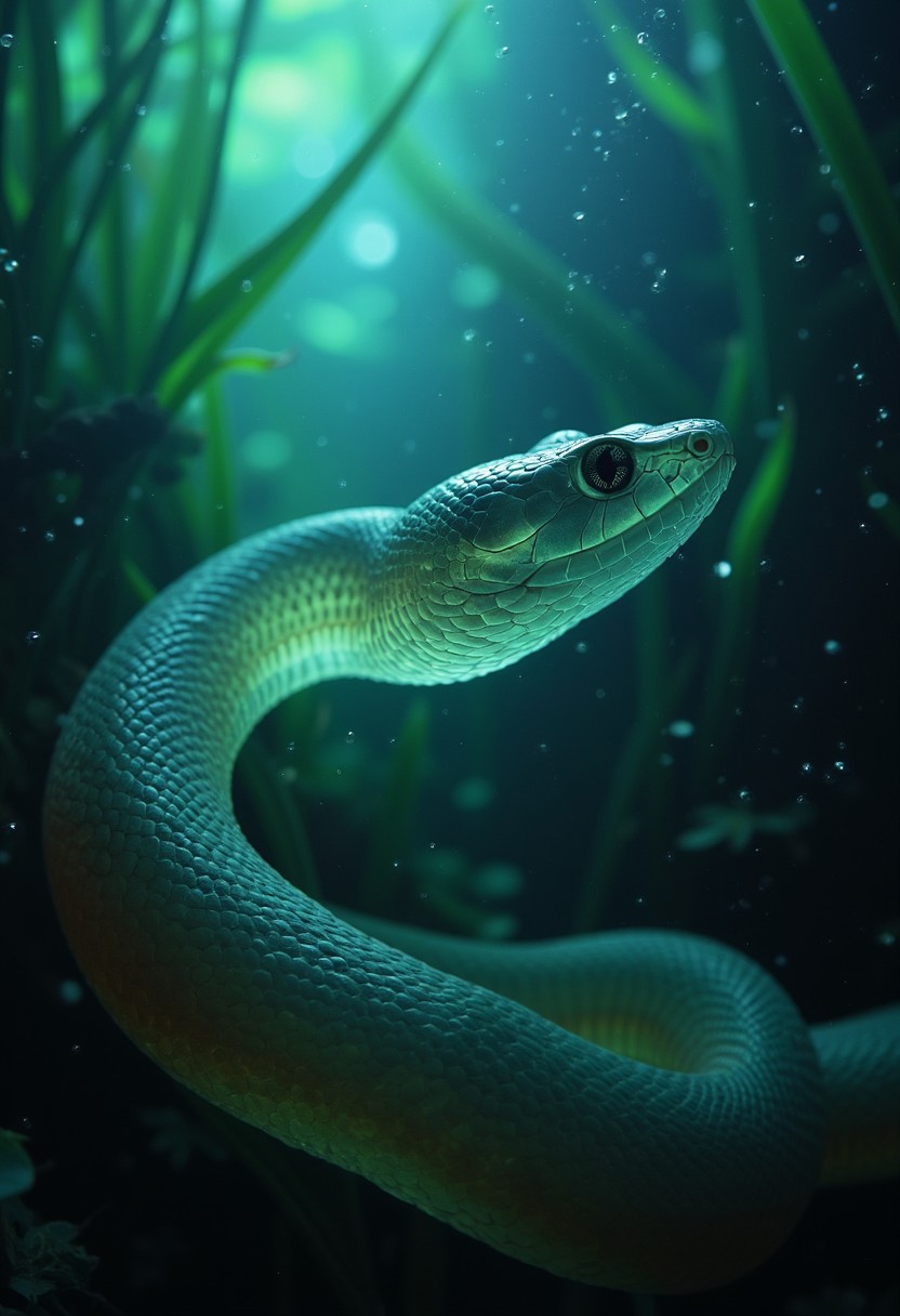 A translucent snake gliding effortlessly between strands of gently swaying underwater algae, its vibrant sss neon colors (beige-white-purple and black) glowing faintly in the dim blue-green underwater light. The scene is moody and ethereal, with soft light filtering from above, creating atmospheric shadows and beams. Tiny air bubbles rise slowly, and the snake’s lifelike texture and intricate scales catch the shimmering light, blending seamlessly with the aquatic environment. The cinematic composition and color grading add to the surreal underwater serenity.