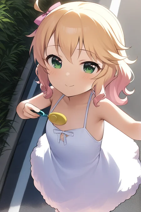 1girl,Sakurai_Momoka,1girl,solo,green eyes, blonde hair, shorthair, wavy hair, sidelocks,flat chest,(petite),chibi,fluffy dress,ribbon,(crime prevention buzzer),outdoor,downtown,street,smile, <lora:XDetail_light:1.3>   <lora:crimepreventionbuzzer_XL_v1:0.8> <lora:Sakurai_Momoka_XL:0.8>,masterpiece,best quality <lora:better skin typeB-v1:0.7>