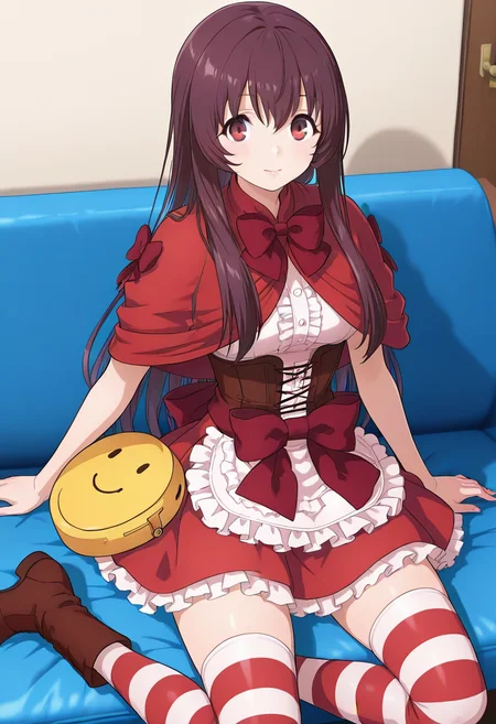 best quality, 1girl, ayam, straight hair, sidelocks, red capelet, red bowtie, red bow, dress shirt, frills, short sleeves, corset, red skirt, apron, yellow bag, striped thighhighs, brown footwear, sitting, looking at viewer, <lora:ayam_s_Il:1>