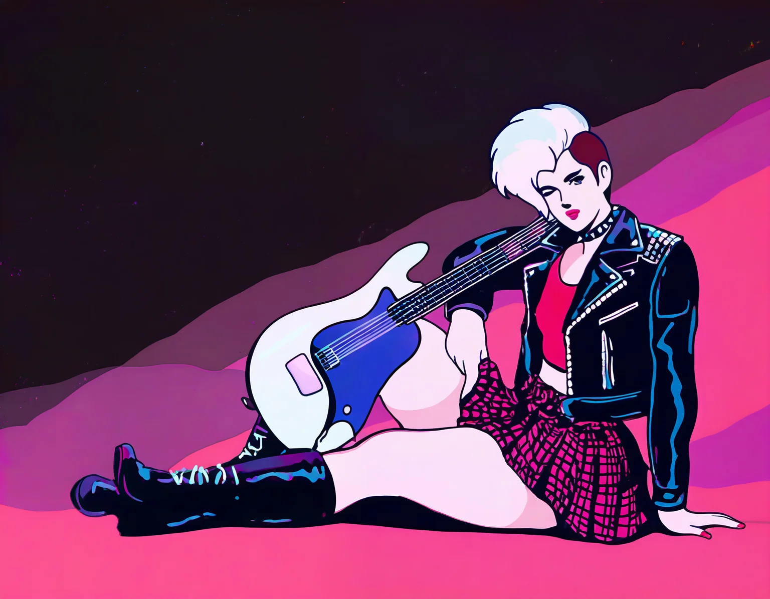 by carl newman, 1girl, punk, sitting, combat-boots, leather-jacket, spiked-choker, electric-guitar, pleated-skirt, checkered-skirt, short-hair, sidecut, two-tone-hair, 1980s-(style) , masterpiece, best quality, newest, absurdres, highres