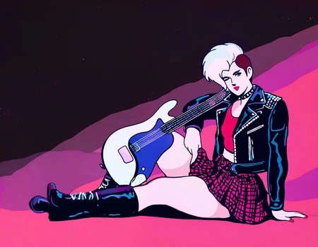 by carl newman, 1girl, punk, sitting, combat-boots, leather-jacket, spiked-choker, electric-guitar, pleated-skirt, checkered-skirt, short-hair, sidecut, two-tone-hair, 1980s-(style) , masterpiece, best quality, newest, absurdres, highres