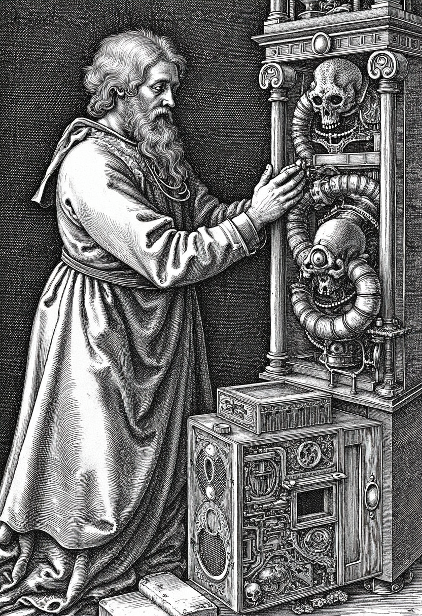 engraving in the style of yfg-durer, (((Show title. Image with title. Subtitles))). (Large text with fitting religious font saying (("Oh Blessed Machine. I beseech you. Generate image according to my specifications."))). Image with text. Tech priest praying to PC computer case. Tech priest wearing robes, skulls and machine components. Tech priest with machinery and skull accessories. In room. Standard PC computer. analog film photo . heroic, god rays, back-lit, grimdark, desaturated, 35mm photo, grainy, vignette, highly detailed, found footage, Warhammer.
