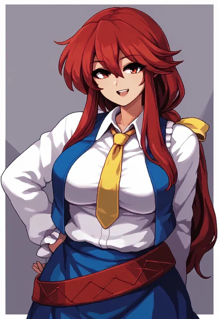 score_9, score_7_up, source_anime, source_cartoon, source_explicit, BREAK, colorful, aesthetic, illustration, kotohime (touhou), long hair, red hair, red eyebrows, hair between eyes, bangs, sidelocks, low-tied long hair, tied hair, low ponytail, hair ribbon, yellow ribbon, red eyes, breasts, white shirt, collared shirt, long sleeves, yellow necktie, blue vest, brown belt, blue skirt, hands behind back, open mouth, smile, teeth, simple background, looking at viewer, facing viewer, standing in front of viewer, standing
