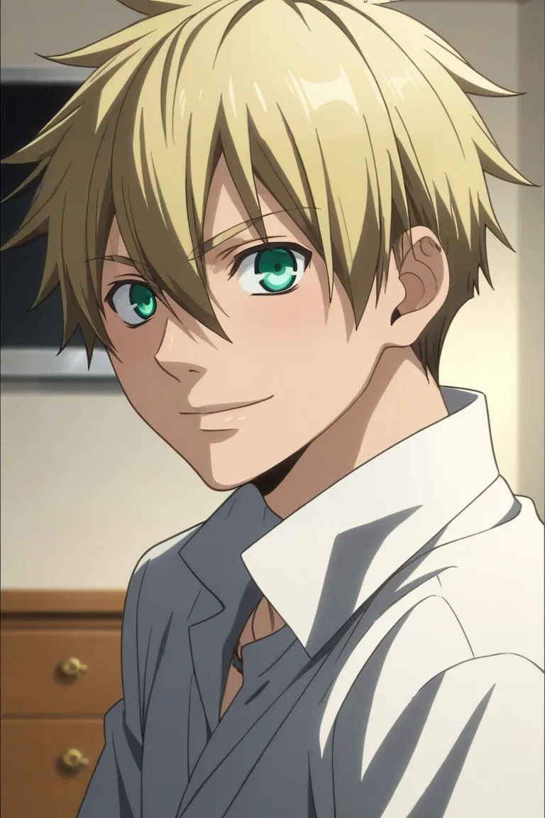 score_9, score_8_up, score_7_up, source_anime, rating_safe, intricate details, anime screencap, anime coloring, official style, looking at viewer, , 1boy, solo, male focus, <lora:liberta_arcana_famiglia_pony:0.9>, liberta_arcana_famiglia, blonde hair, green eyes, short hair, hair between eyes, symmetry, bedroom, computer monitor, day, ass, naughty smile, , <lora:sdxl_lightning_8step_lora:1>