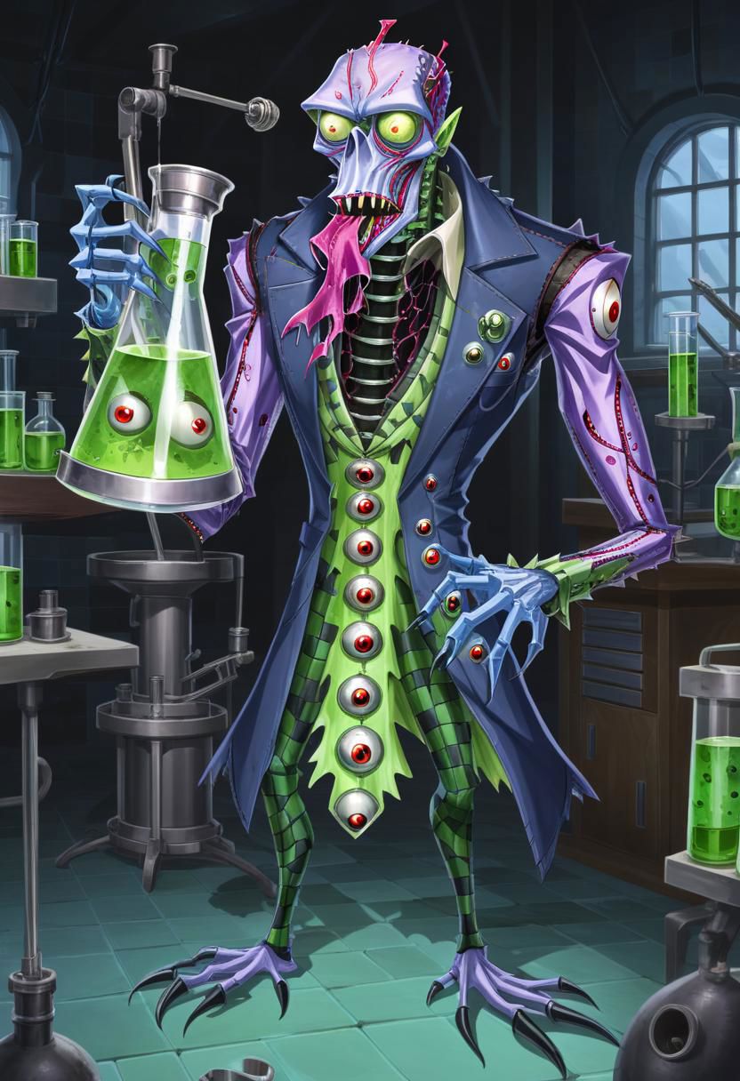 a skinny fleshmutant frankenstein's monster covered in eyes holding a beaker inside of a laboratory,patchwork creature,patchwork skin,full body,2d,anime