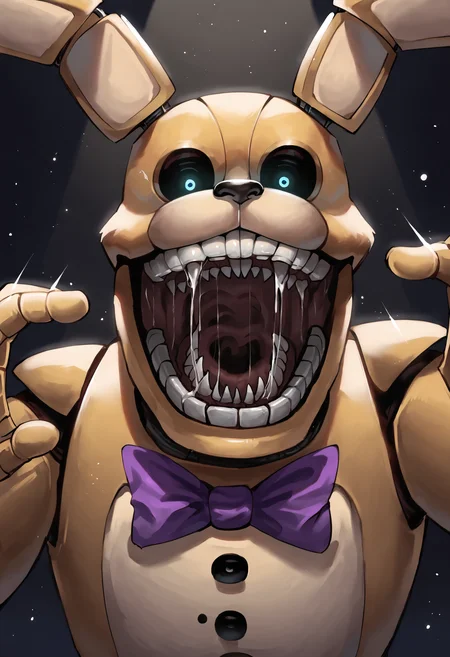 score_9, score_8_up, score_7_up, score_6_up, close-up, rabbit ears, dynamic pose, action, horror (theme), open mouth, scream, (pitbonnie), buck teeth, blue eyes, glowing eyes, purple bow, looking at viewer, animatronic, black sclera, dad bod, dark background, light particles, BREAK detailed, gloss, hires, best quality <lora:Pit_Bonnie:0.92>
