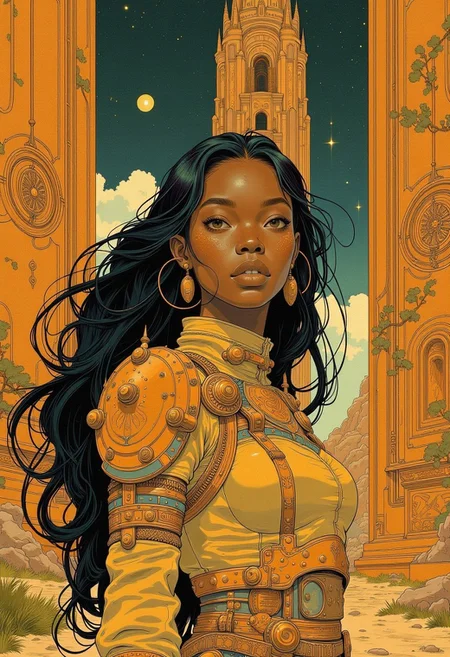 A beautiful African woman wearing (modest armour:1.00), with long hair looks at the viewer from in front of the massive tower , large open doors behind her, rich colours, futuristic, sci-fi illustration