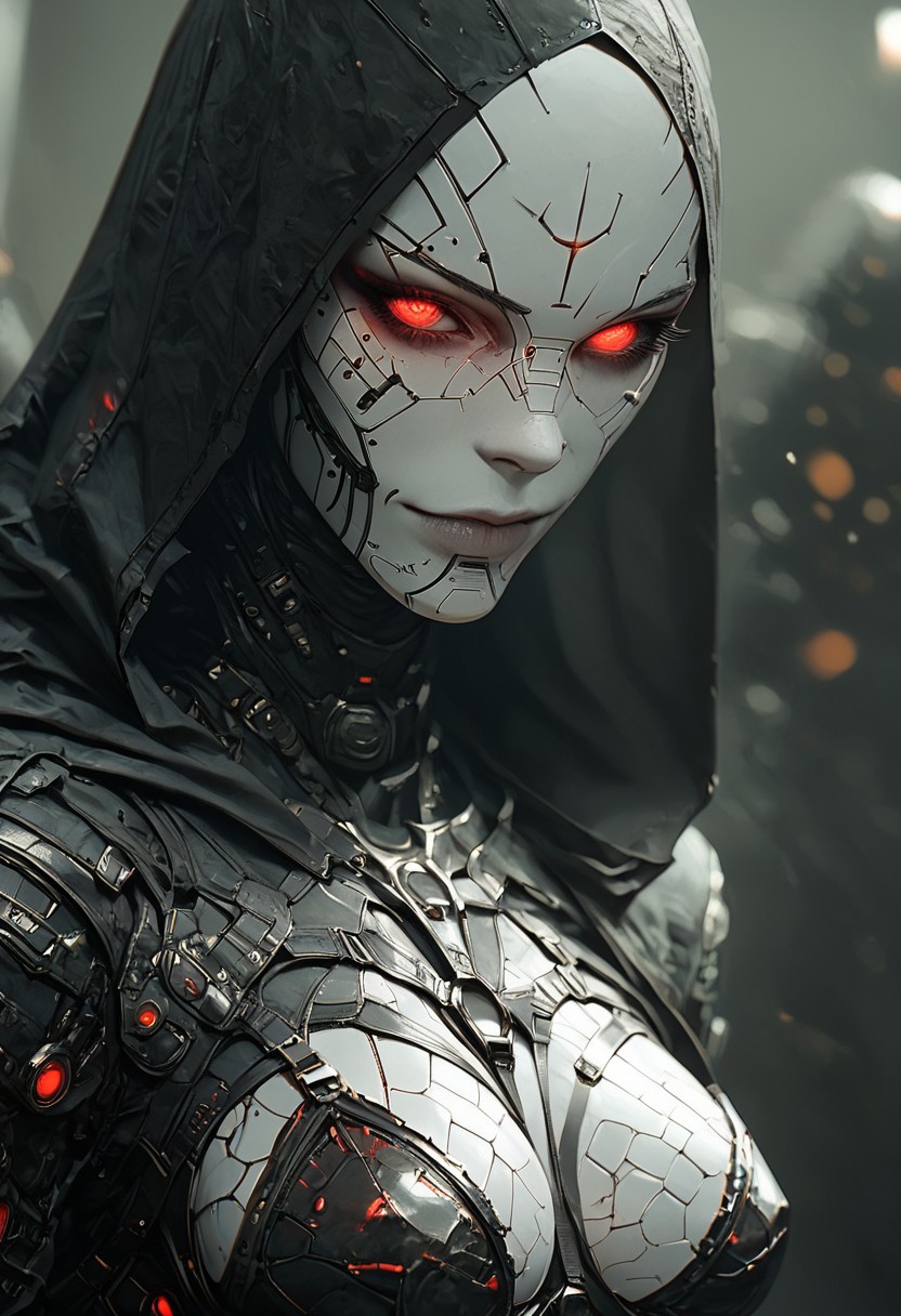 score_9, score_8_up, score_7_up, score_6_up, 1girl, robotic parts, cyborg body, metal skin, white skin, hood up,  slutty Smile, skank, slutty, seductive, Curious Eyes, hourglass figure, medium breasts, large ass, thigh gap, (Standing with the upper body leaning back), hkevil, sinozick style, flat color, dark theme, Expressiveh, harness, garter, straps, cupless bra