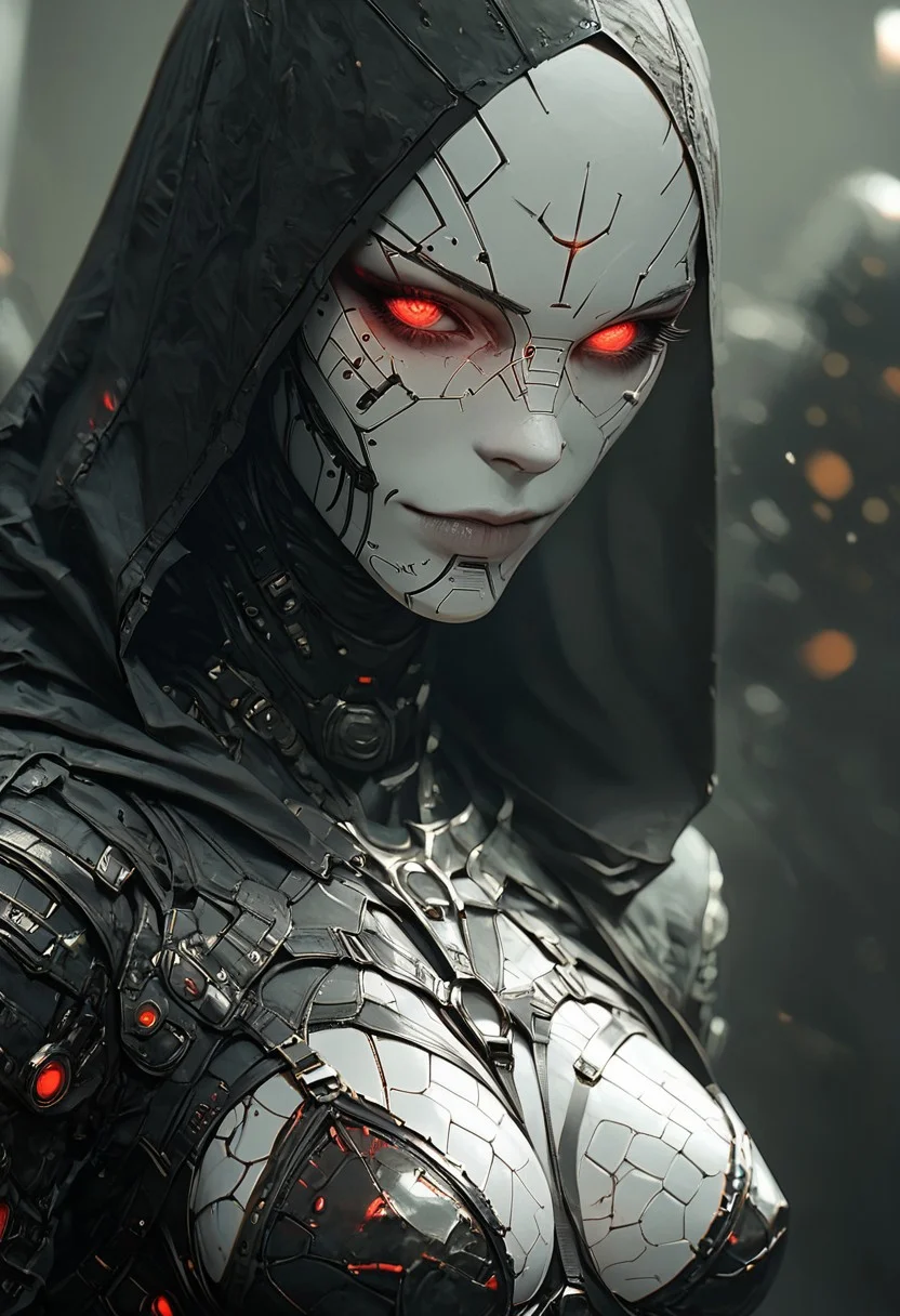 score_9, score_8_up, score_7_up, score_6_up, 1girl, robotic parts, cyborg body, metal skin, white skin, hood up, slutty Smile, skank, slutty, seductive, Curious Eyes, hourglass figure, medium breasts, large ass, thigh gap, (Standing with the upper body leaning back), hkevil, sinozick style, flat color, dark theme, Expressiveh, harness, garter, straps, cupless bra