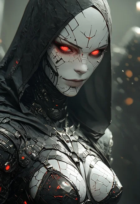 score_9, score_8_up, score_7_up, score_6_up, 1girl, robotic parts, cyborg body, metal skin, white skin, hood up, slutty Smile, skank, slutty, seductive, Curious Eyes, hourglass figure, medium breasts, large ass, thigh gap, (Standing with the upper body leaning back), hkevil, sinozick style, flat color, dark theme, Expressiveh, harness, garter, straps, cupless bra