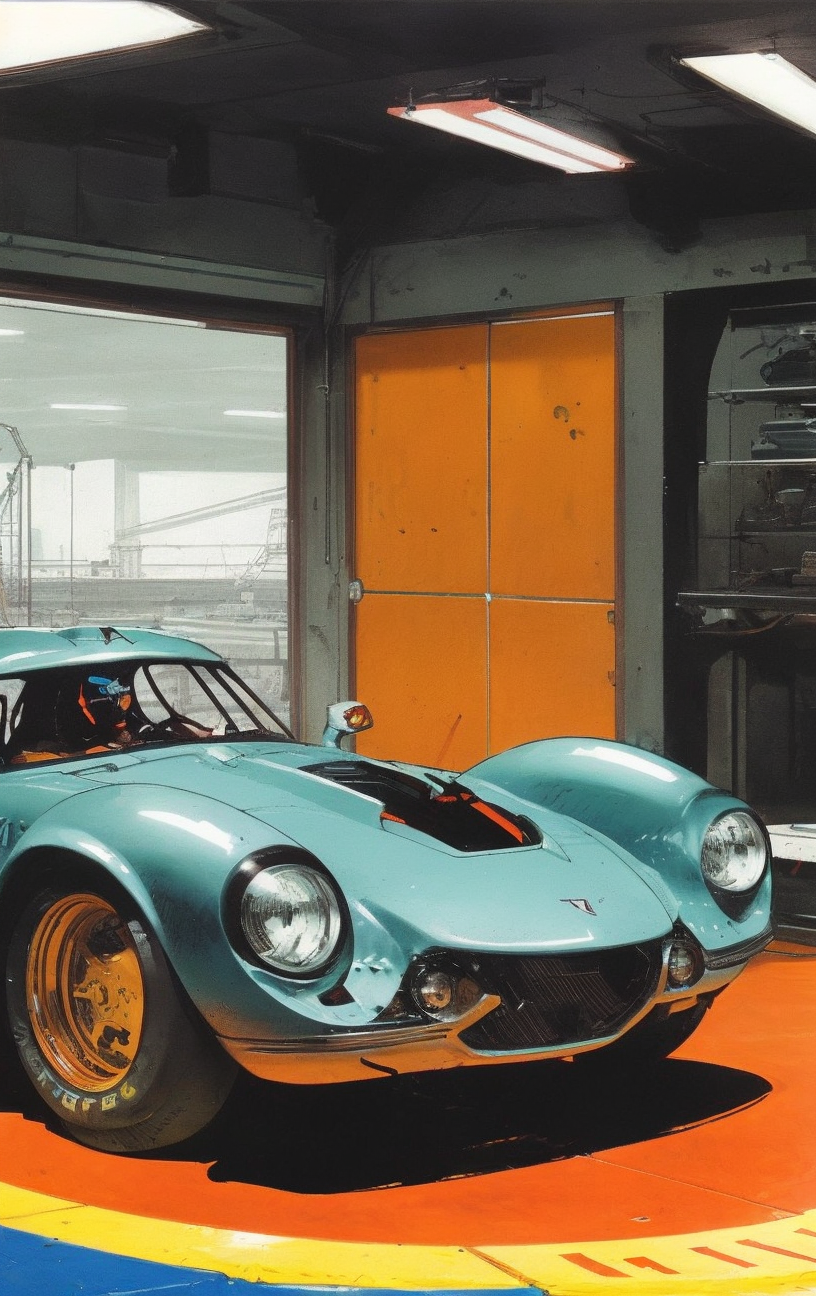 artwork <lora:Moebius:1>, massive café racer, gullwing doors,
 electrochromic glass, halogen tail lights, 
 racing seats, titanium, geometric,
   BREAK sulfurous,infernal,retro,frugal, color grading