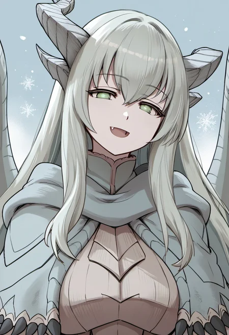 masterpiece,best quality,score_9, score_8_up, score_7_up, score_6_up,source_anime,<lora:PAARTHURNAX:0.9>, PAARTHURNAX,(gentle smile,half closed eyes,open mouth,fang,looking at viewer),(dragon horns, broken horn, dragon girl, dragon wings, very long hair, green hair, hair between eyes, green eyes,big breasts,
capelet, dress),(face focus,from below,close to viewer),(deep shadows,colorful,gorgeous light and shadow),(simple background,blue background,gradient background,light blue theme,cool lighting,snowing,snow)