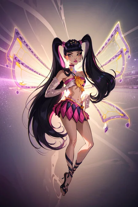 (Musa:1.5), (large fairy wings), purple hair, twintails, (pink and yellow two piece outfit), purple eyes, bangs, (purple and yellow background, music notes floating), (realistic:1.2), (masterpiece:1.2), (full-body-shot:1),(Cowboy-shot:1.2), neon lighting, dark romantic lighting, (highly detailed:1.2),(detailed face:1.2), (gradients), colorful, detailed eyes, (natural lighting:1.2), solo <lora:WinxClubEnchantixMusa-10:0.9> <lora:add_detail:0.3> <lora:BeautifulEyes:0.6>