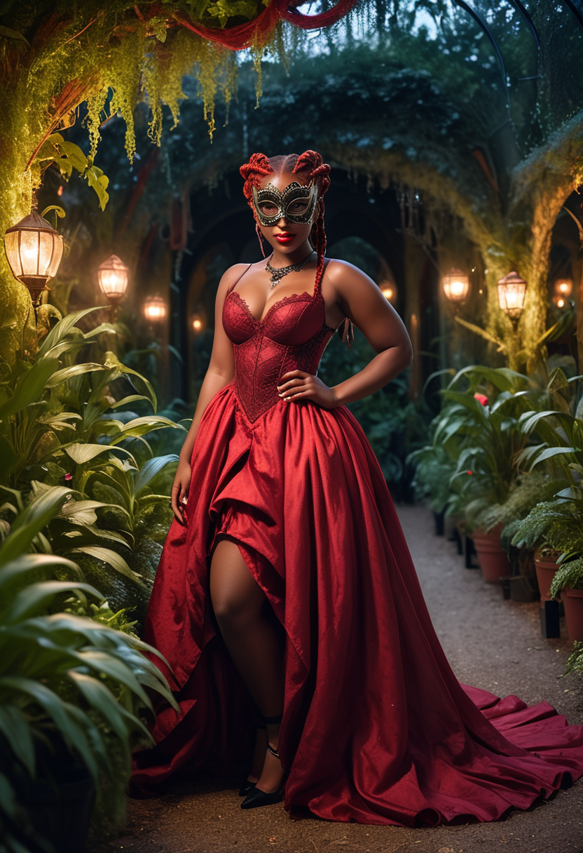 (medium full shot) of stylish young woman, curvy build, extra long red dutch braid hair, south african, dark skin, hazel eyes, wearing a (masquerade ball mask), crimson red Victorian-style dress, dress shoes with elegant design, bold red lipstick, diamond earrings, set at a masquerade ball, in  a mystical garden, featuring enchanted plants, glowing webs, soft lighting, a magical ambiance, during sunset, woman smiling, ,Masterpiece,best quality, raw photo, realistic, very aesthetic, dark
