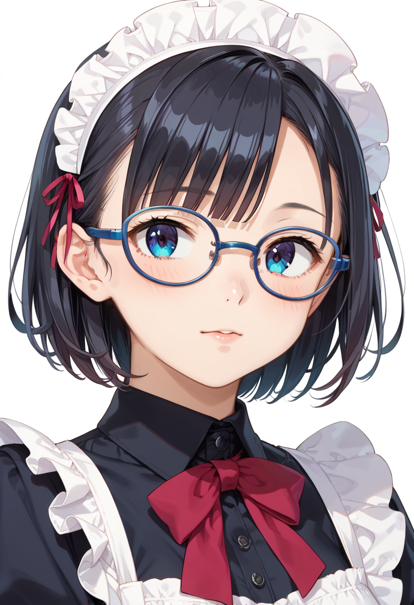 score_9, score_8_up, score_7_up, rating_safe, masterpiece, best quality, absurdres, unity 8k wallpaper, official art, official style, source_anime, uncensored, game cg, megami magazine,
1girl, solo, black hair, medium hair, upper body, covered eyes,maid, maid headdress, black dress, maid apron, face focus,
oval_metal, glasses, still life, white background, simple background, blue-framed eyewear,
 <lora:glasses_OvalMetal2_PONY_V1:1>