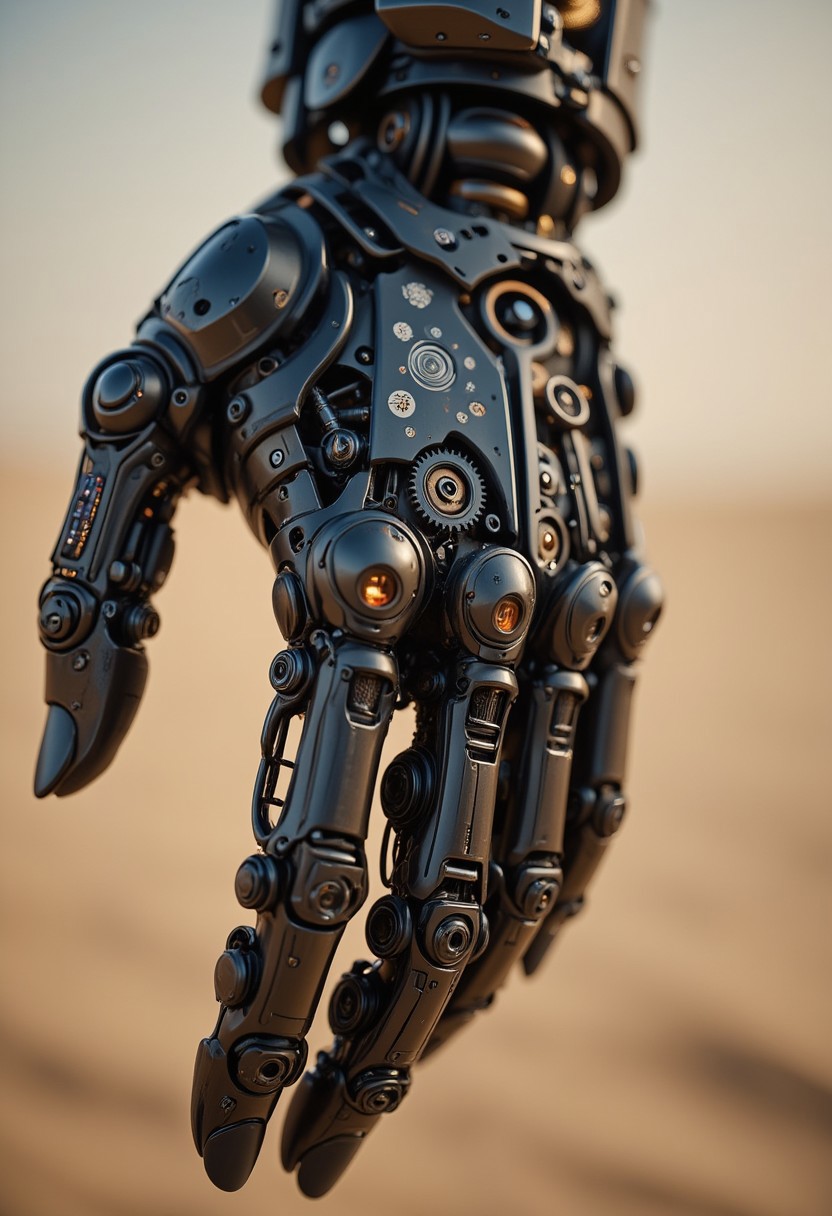 ajchrobo, A close-up shot of an ultra-detailed robotic hand, featuring highly reflective black metal and intricate mechanical components. The hand is adorned with fine engravings and glowing circuit patterns, showing an exquisite metallic finish. The surface is polished to a high sheen, capturing every tiny detail of the delicate mechanisms, such as gears, pistons, and fine articulated joints. The background is a blurred, desolate desert, shrouded in a thick sandstorm with a dense atmospheric haze and fog, where a faint volumetric backlight accentuates the fine details of the hand.
