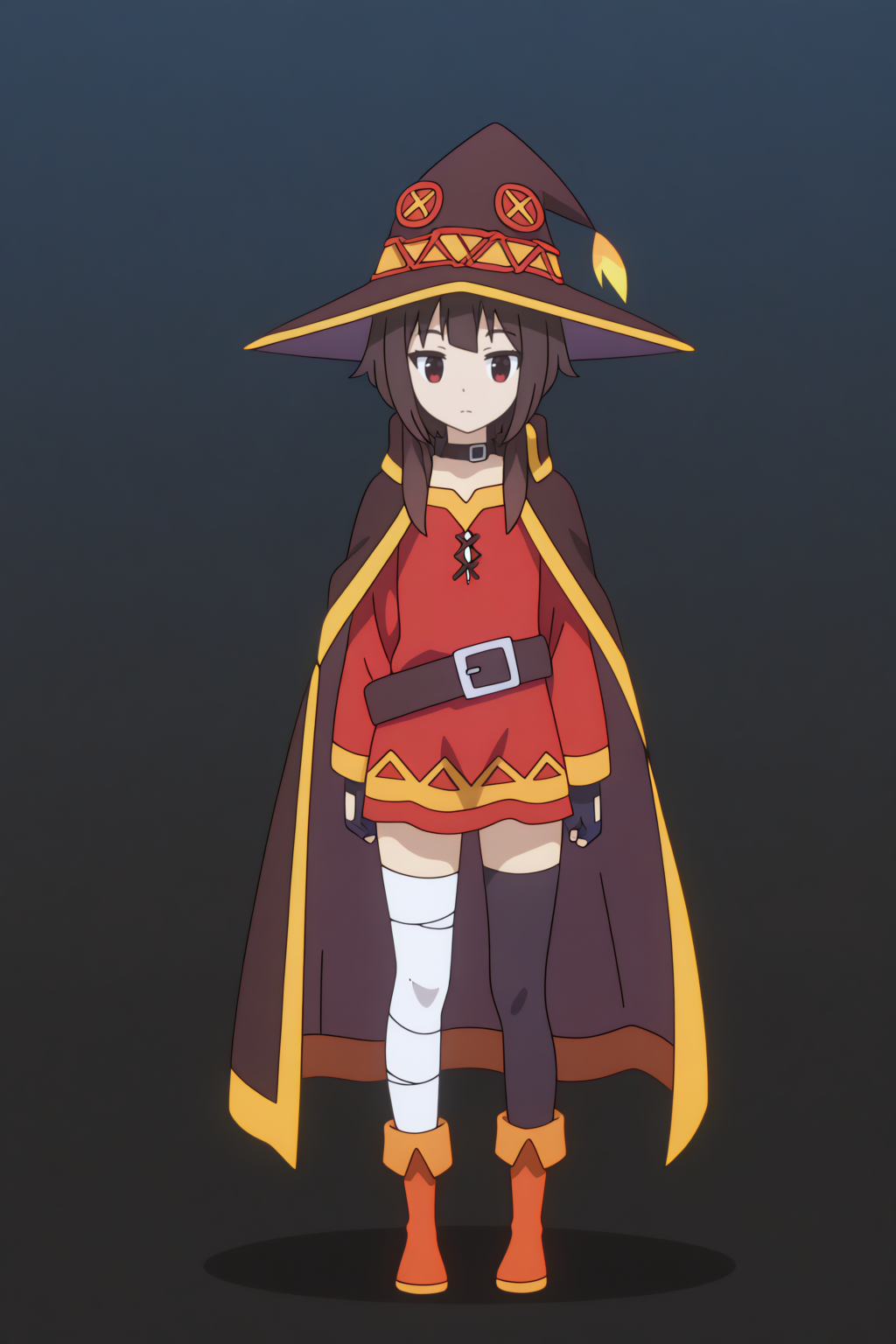 full body,  Megumin, asymmetrical legwear, short hair with long locks, witch hat, collar, dress, cape, belt <lora:Konosuba_Bakuen_-_Megumin_-_illustrious:0.8>